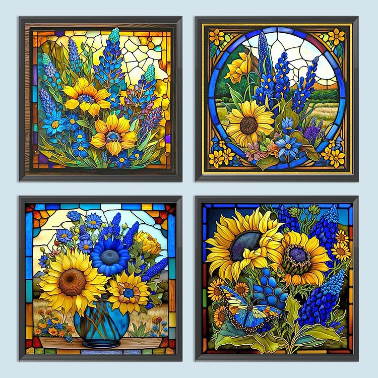 4PCS Flower Glass Painting 35*35CM(Canvas) Full Square Drill Diamond  Painting