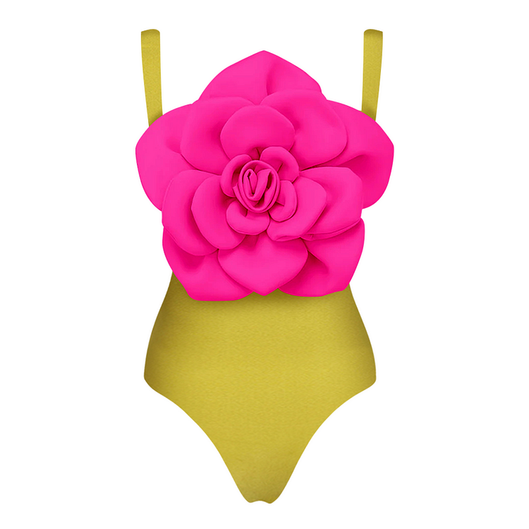 3D Flower Sling Color Block One Piece Swimsuit and Skirt Flaxmaker