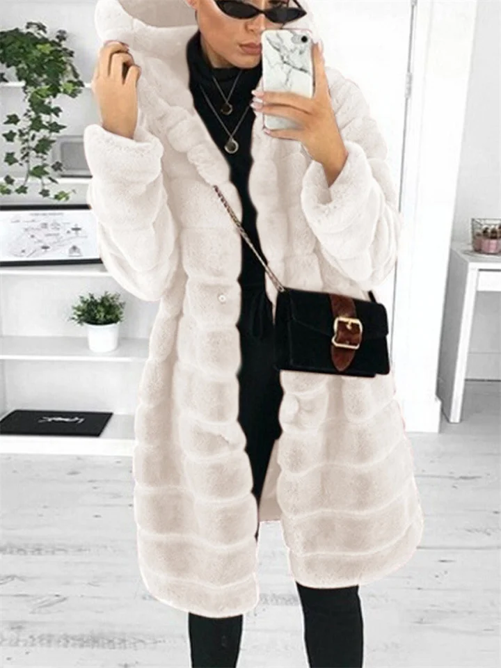 Hot Explosive Models of Autumn and Winter Solid Color Plush Hooded Medium-length Jacket Women's Clothing-Mixcun