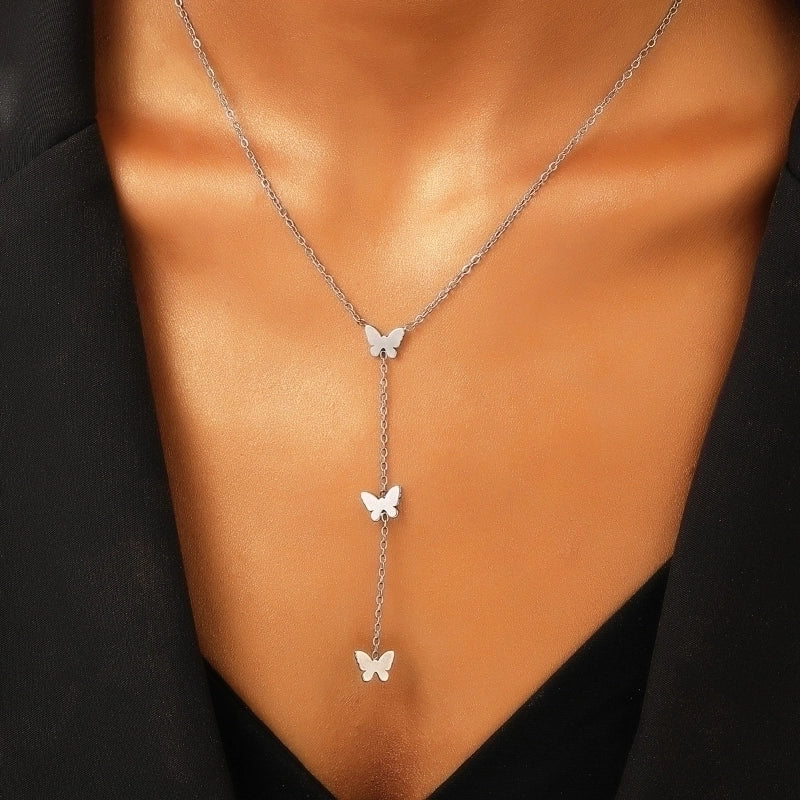 Titanium Steel Gold Plated Minimalist Cross Heart Shape Butterfly Pendant Necklace