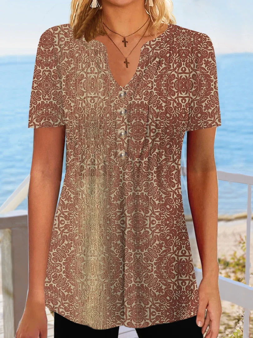Women Short Sleeve V-neck Graphic Printed Buttons Tops