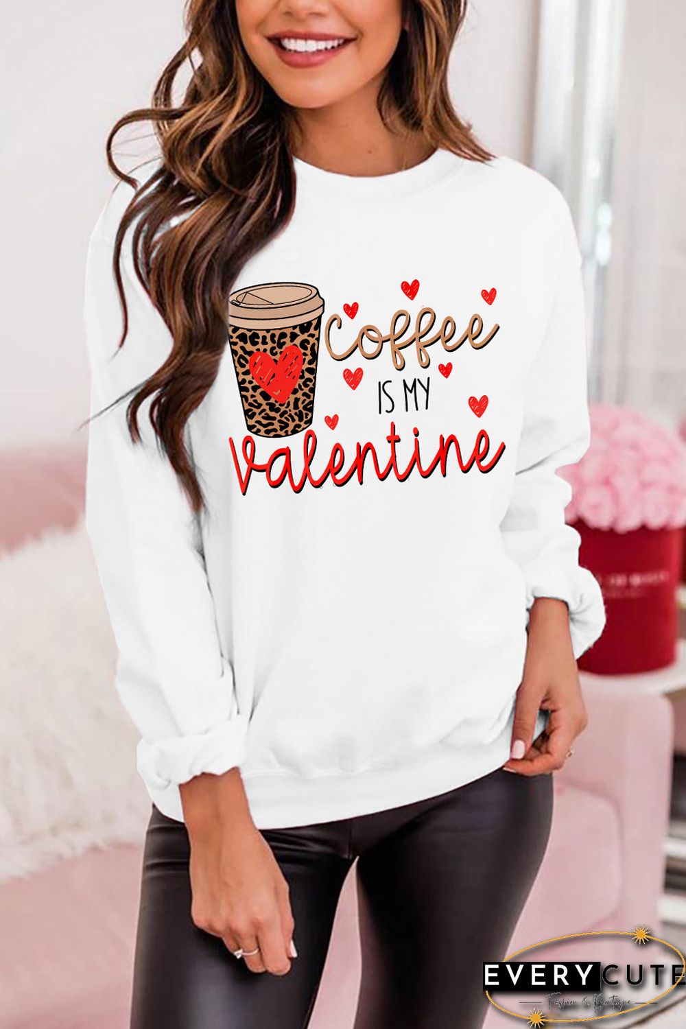 Letter Leopard Heart Graphic Print Long Sleeve Pullover Sweatshirt