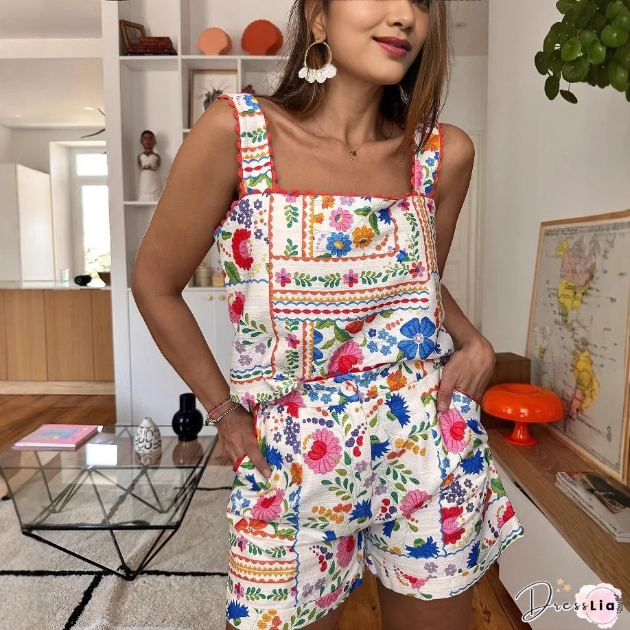 Vintage Floral Print Off Shoulder Crop Top Shorts Suit