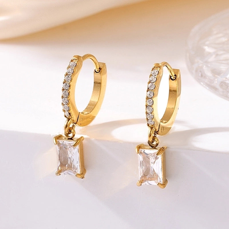1 Pair Elegant Vacation Rectangle Inlay 304 Stainless Steel Zircon 18K Gold Plated Drop Earrings