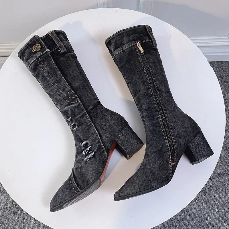 Sexy Jean Boots Women's Mid Calf Boot Zipper High Heel Woman Stylish Jeans Boots Ladies Denim Boot Female Shoes Cowboy 2020 New