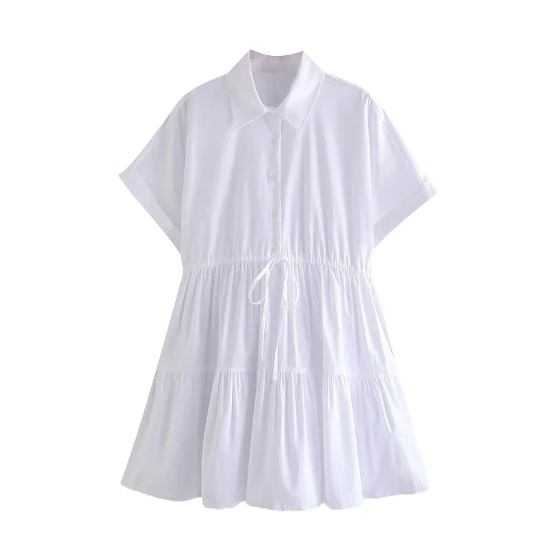 TRAF Women Sweet Fashion With Adjustable Tied White Mini Dress Vintage Short Turn-up Sleeve Female Dresses Vestidos