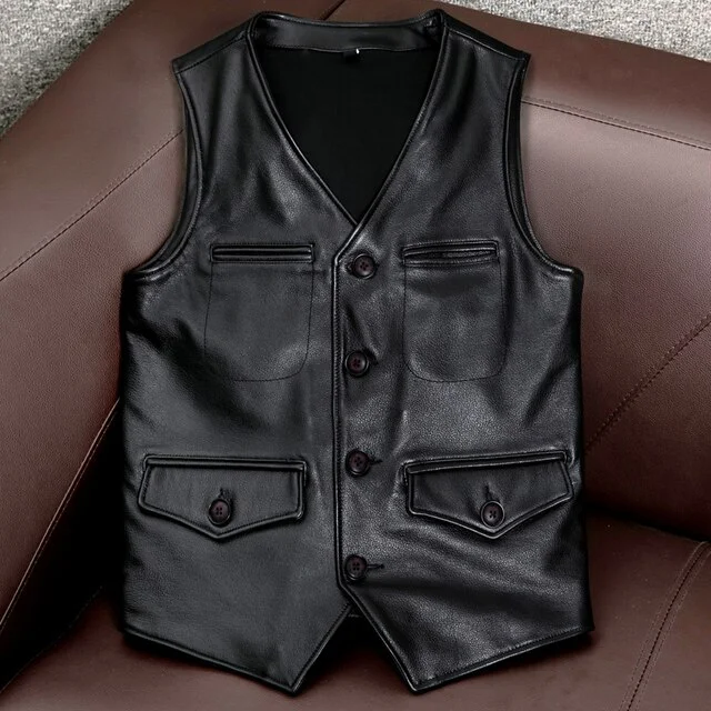 Genuine Leather Summer Cowhide Mans Vest Coats Plus Size 5XL Waistcoat Weskit Vest Big and Tall Man Real Leather Outerwear Vest