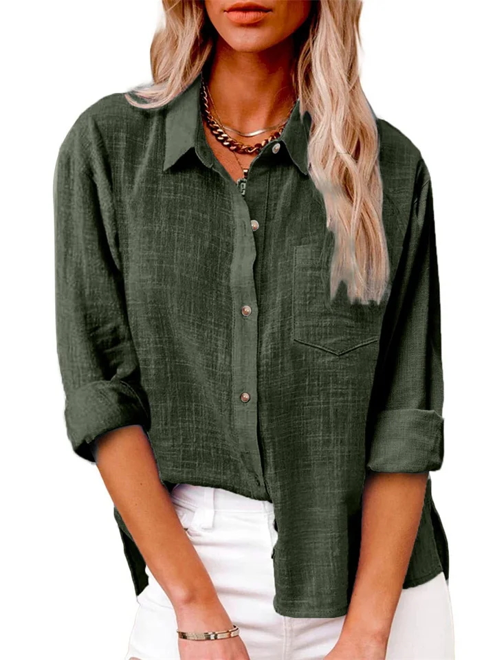 Women's Casual Loose Autumn Split Long-sleeved Women's Cotton and Linen Solid Color Long-sleeved Shirt-JRSEE