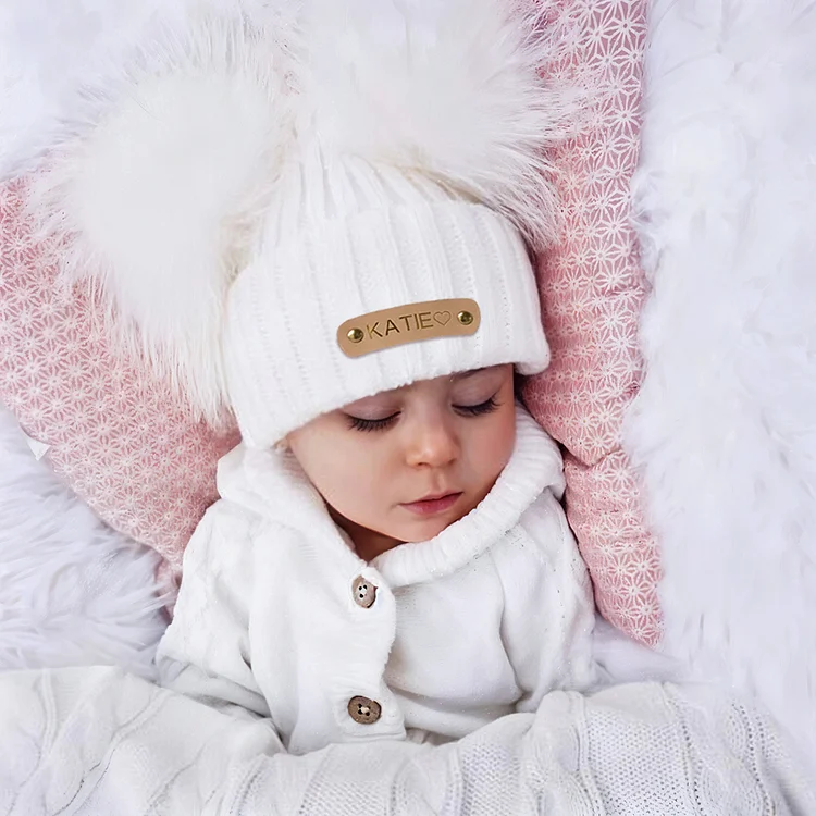 Personalized Winter Beanie Hat with Leather Patch, Custom Name for Family Matching