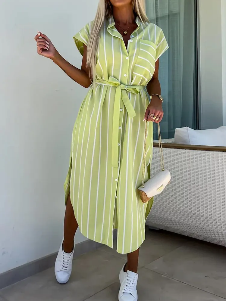 Striped Tie Waist Short Sleeve Dress
