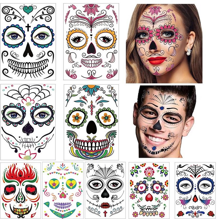 Day of the Dead, Skeleton Face Tattoo, 9 Sheets Sugar Skull, Glitter Red Roses Day of the Dead Sugar Skull Temporary Face Tattoo