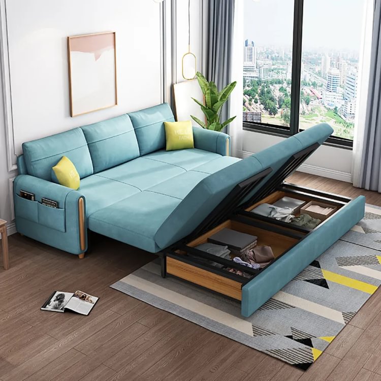 Homemys Blue Sofa Bed with Storage and Side Pockets