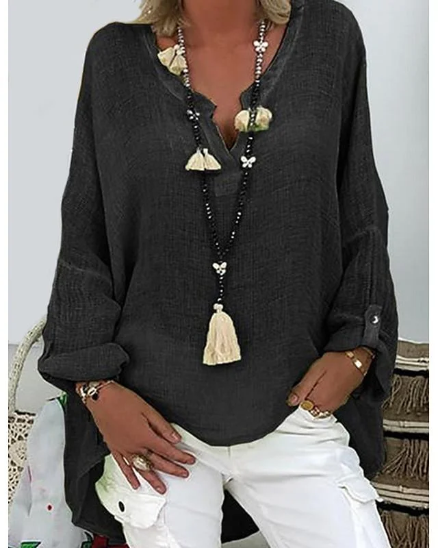 Women's Plus Size T shirt Solid Colored Long Sleeve V Neck Tops Loose Basic Top White Black Blushing Pink-806