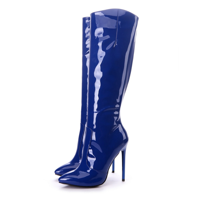 GOOSHOE Navy Patent Leather Knee-High Boots High Heels