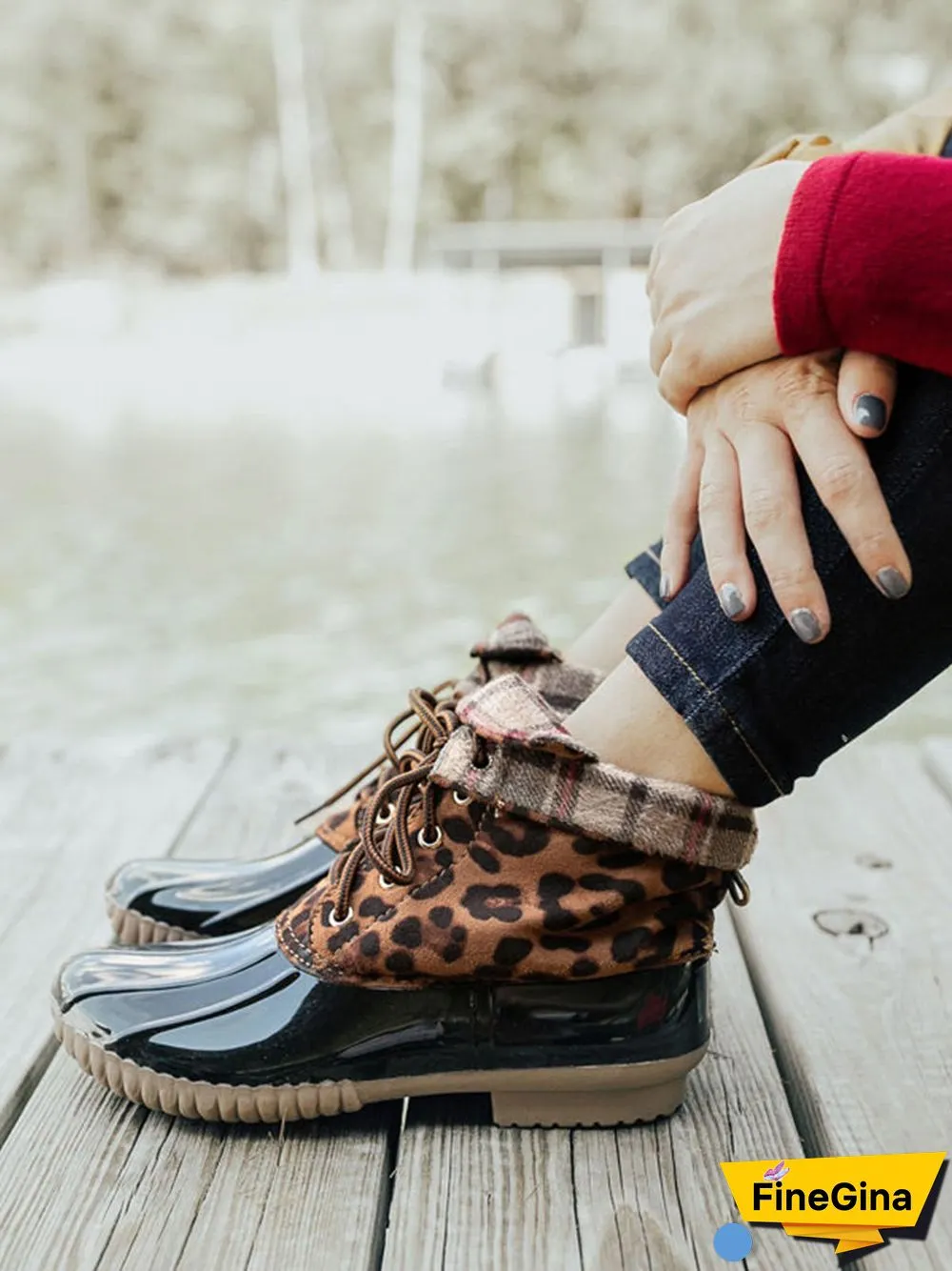 Glitter Leopard Contrast Panel Duck Bill Rain Boots
