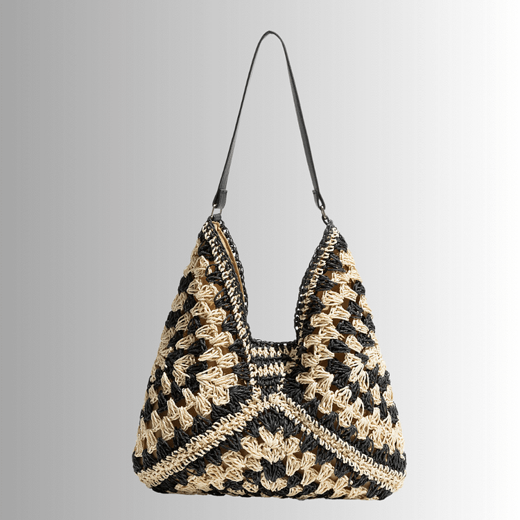 Lulusnow Handmade Black Classic Granny Square Casual Travel Beach Crochet Shoulder Bag 