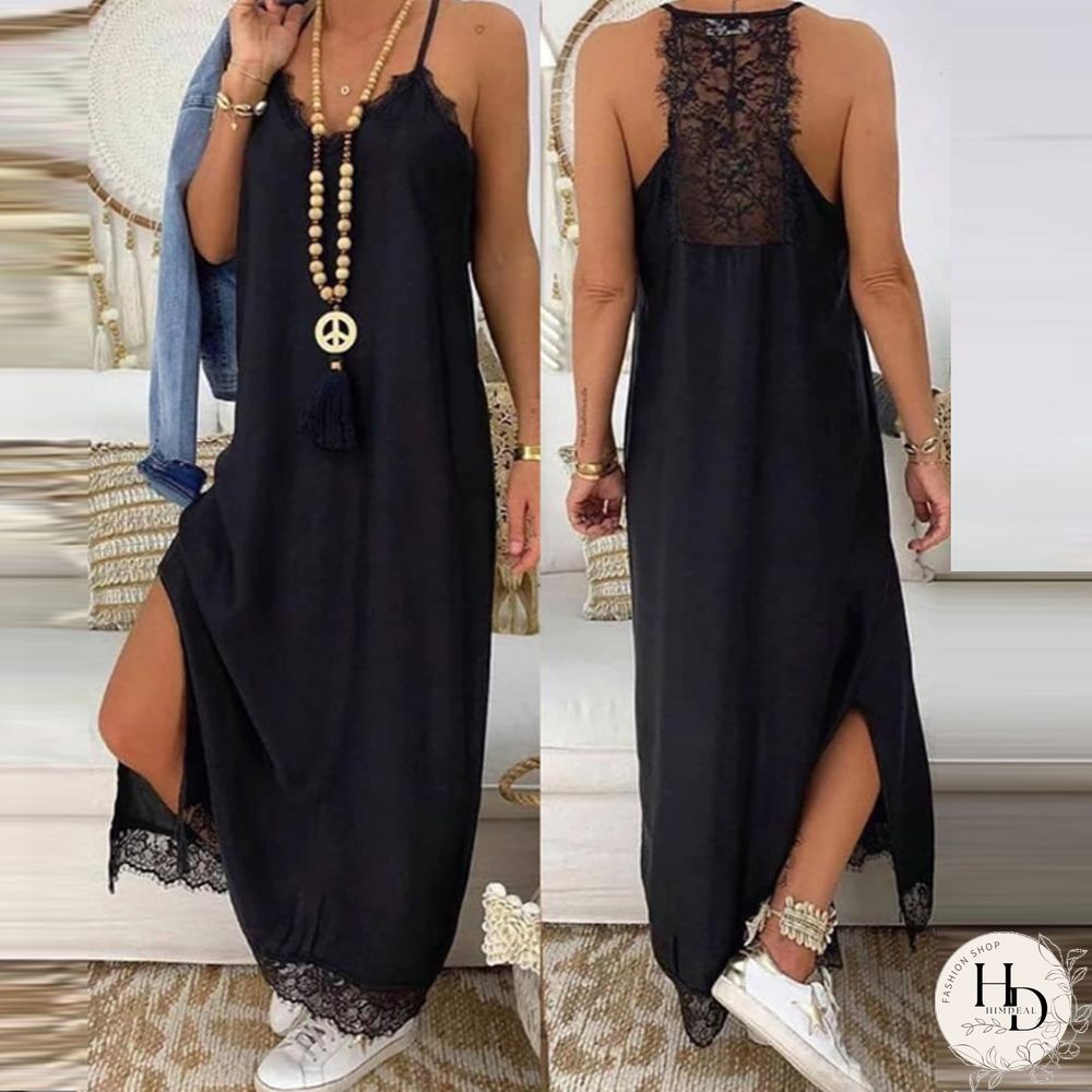 Women New Lace Backless Sling Long Dress Casual Harajuku Solid COlor Loose Slit Dress Sexy Lace Hem Patchwork Nightdress Vestido