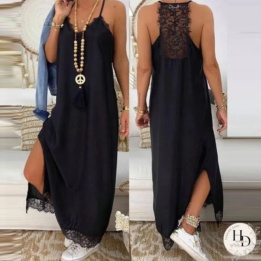 Women New Lace Backless Sling Long Dress Casual Harajuku Solid COlor Loose Slit Dress Sexy Lace Hem Patchwork Nightdress Vestido