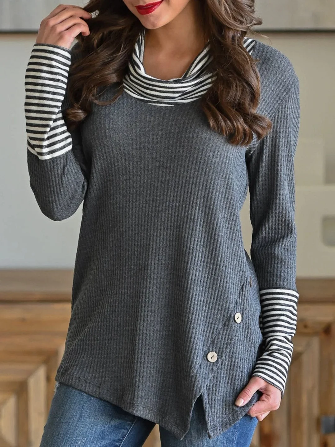 Women Stripe Long Sleeve Stitching Tops