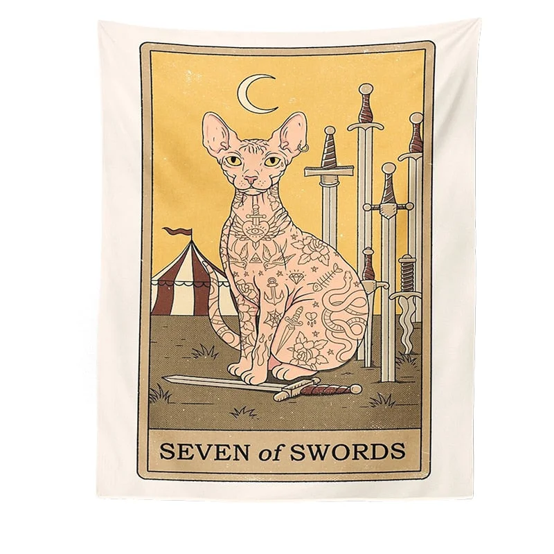 Cat Divination Witchcraft Tarot Card Tapestry Wall Hanging Tapestries Baphomet Occult Home Wall Moon phase Mat Decor Cat Coven