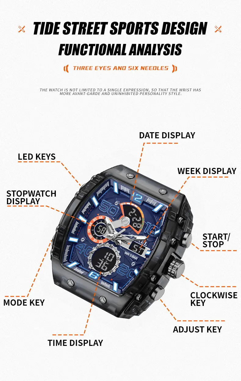 Product Introduction of Electronic Watch, SMAEL, For Men, Suitable for Students and Sports, Waterproof, Glow-in-the-Dark, Multifunctional, Outdoor Personality Square Style, 8109, Men's Watch 4