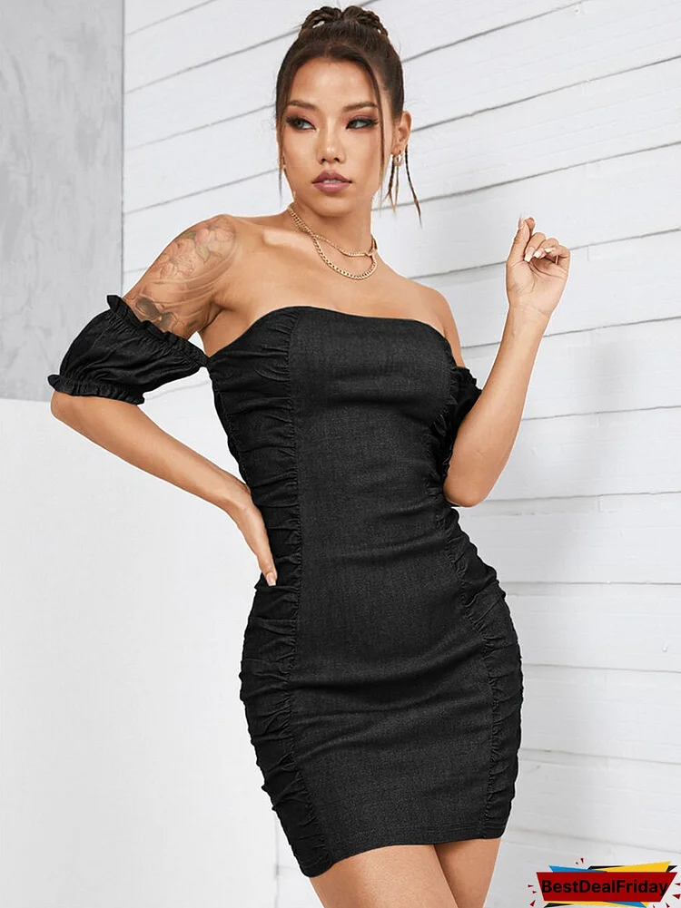 Solid Backless Folds Off The Shoulder Puff Sleeve Sexy Dress