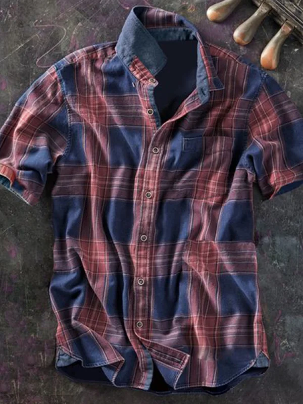 Men's multicolor lattice pattern cotton linen shirt