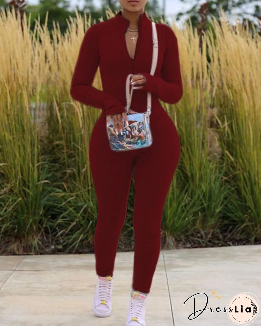 Plunge Zipper Design Plain Jumpsuit