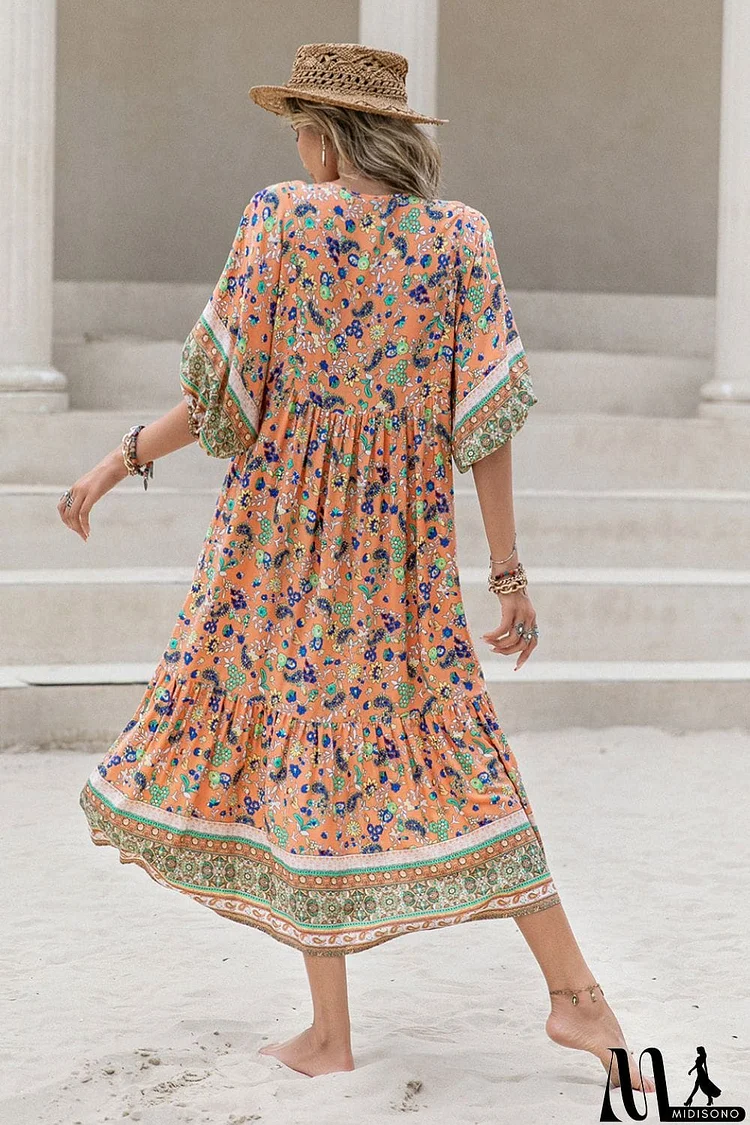 Printed V-Neck Short Sleeve Maxi Dress