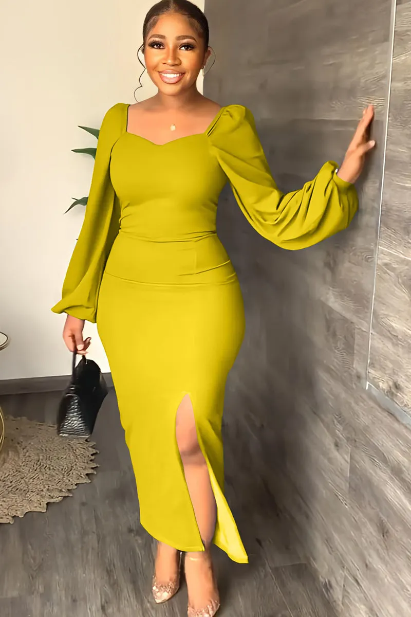 Square Slits Long Sleeve Square Neck Slit Maxi Dresses