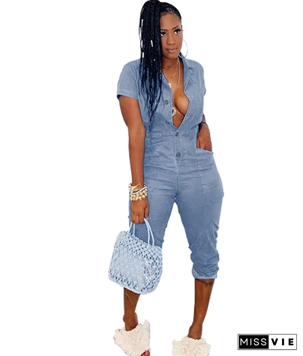 Turn Down Collar Short Sleeve Denim Casual Jumpsuit