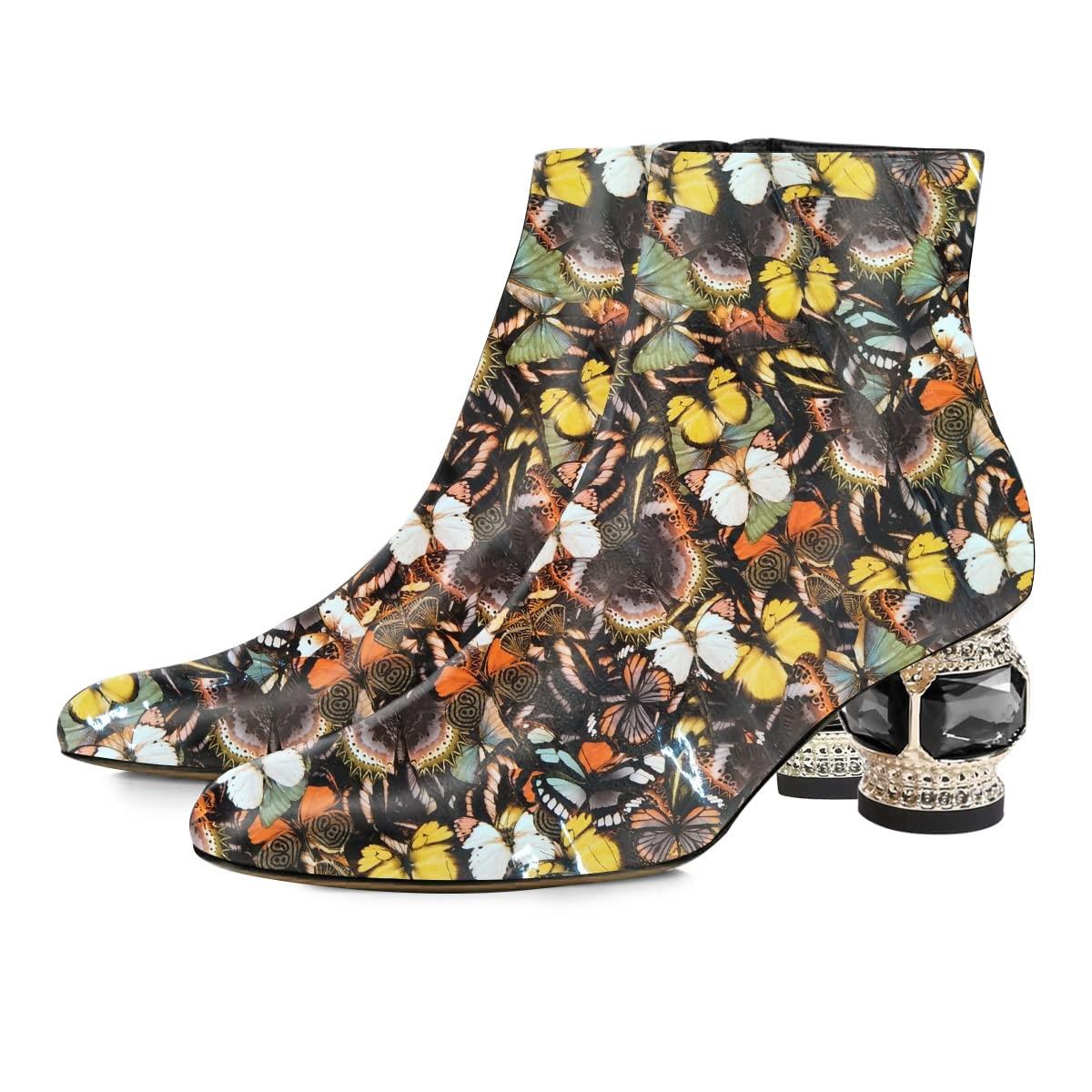 Multicolor Butterfly Patent Leather Ankle Boots Decorative Heel Boots Nicepairs