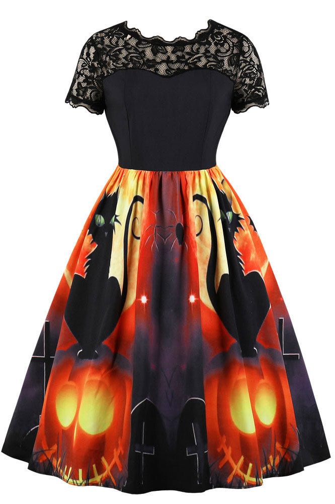 Halloween Lace Patched Print Dress - Chicaggo