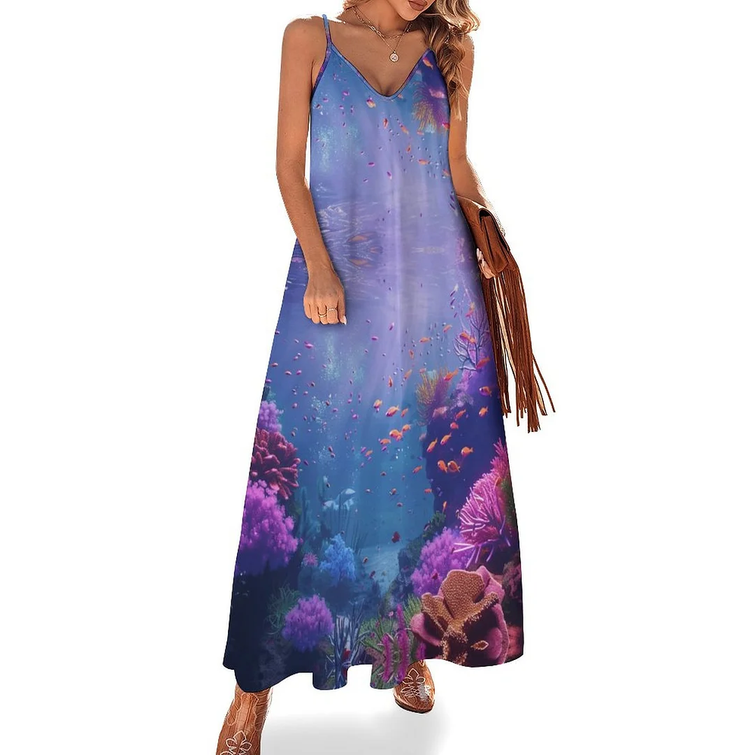 Style & Comfort for Mature Women Plus Size Printed Sling Casual Women Maxi Dress in Pattern Ocean, Blue, Sea, Fish