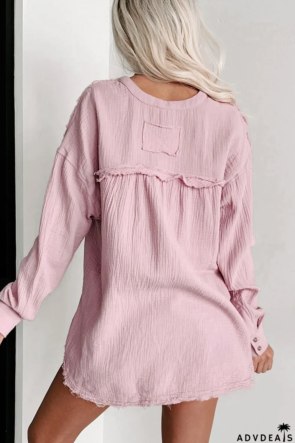 Crinkle Long Sleeve Distressed Split Henley Top