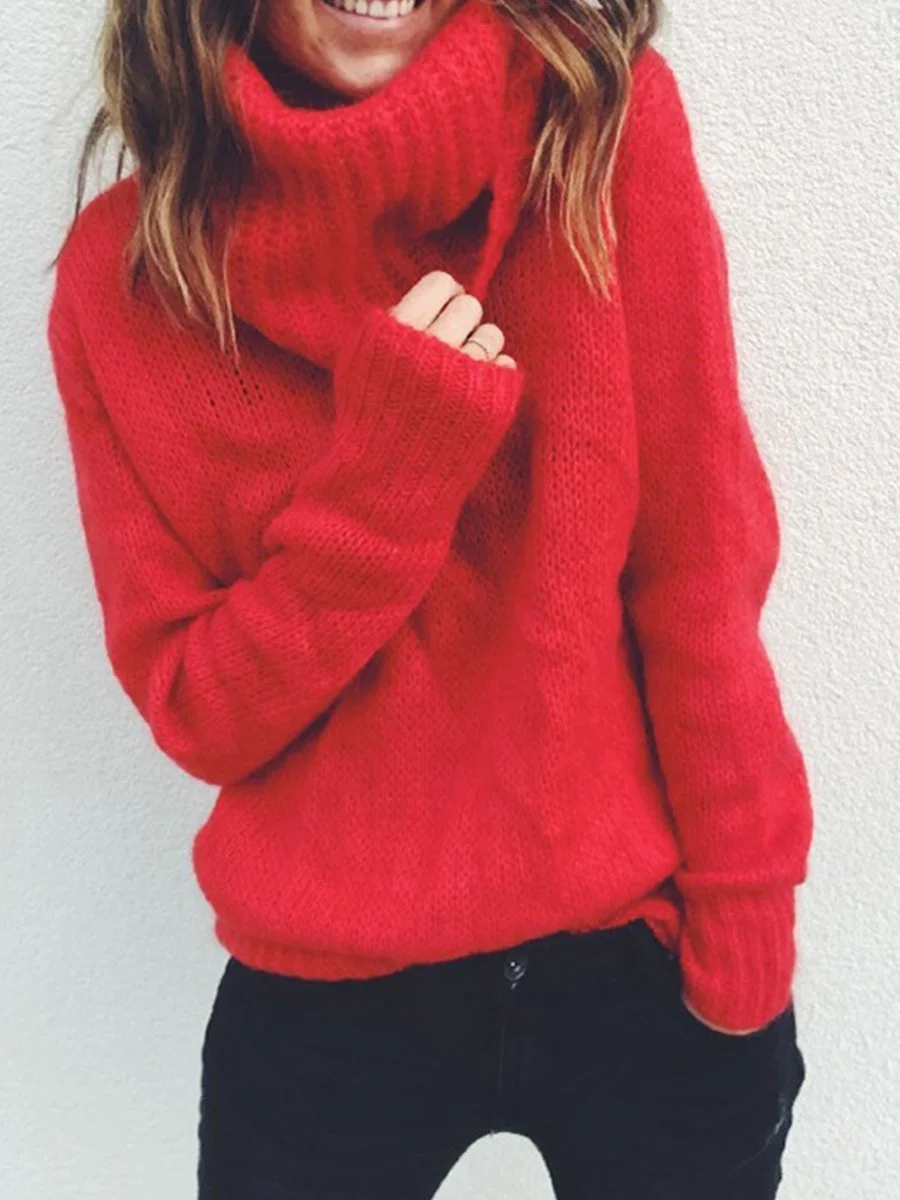 High Neck Solid Color Long Sleeve Knitting Sweater