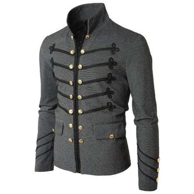 Men Gothic Vintage Fit Slim Coat Patchwork Button Outwear European Medieval Style Classic Jacket Steampunk Army Coat