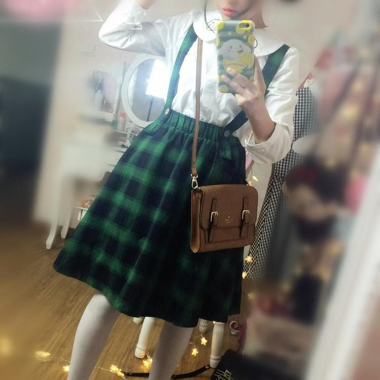 Green Grid Mori Girl Vintage Lady Suspender Dress SP165157