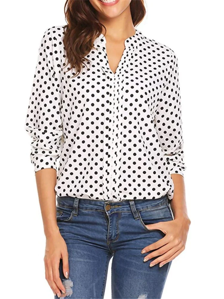 2022 New Polka Dot Blouses Women Xxl Clothes V-neck Long Sleeve Shirt Plus Size Tops For Women Office Blouse