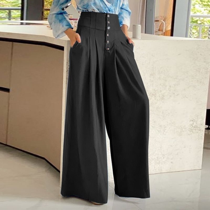 Celmia Office Elastic Waist Pantalones Women Casual Loose Elegant Pockets Long Trousers Button High Waist Pleated Wide Leg Pants