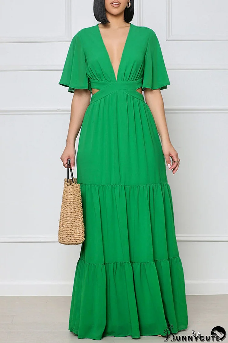 Green Elegant Solid Hollowed Out Patchwork V Neck Straight Dresses