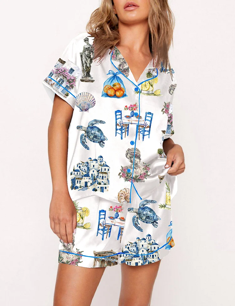 Women's Greece Watercolor Summer Travel Pajama Set