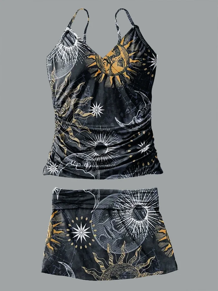 V-Neck Vintage Art Divination Sun Moon Pattern Halter Pants Skirt Set Swimsuit