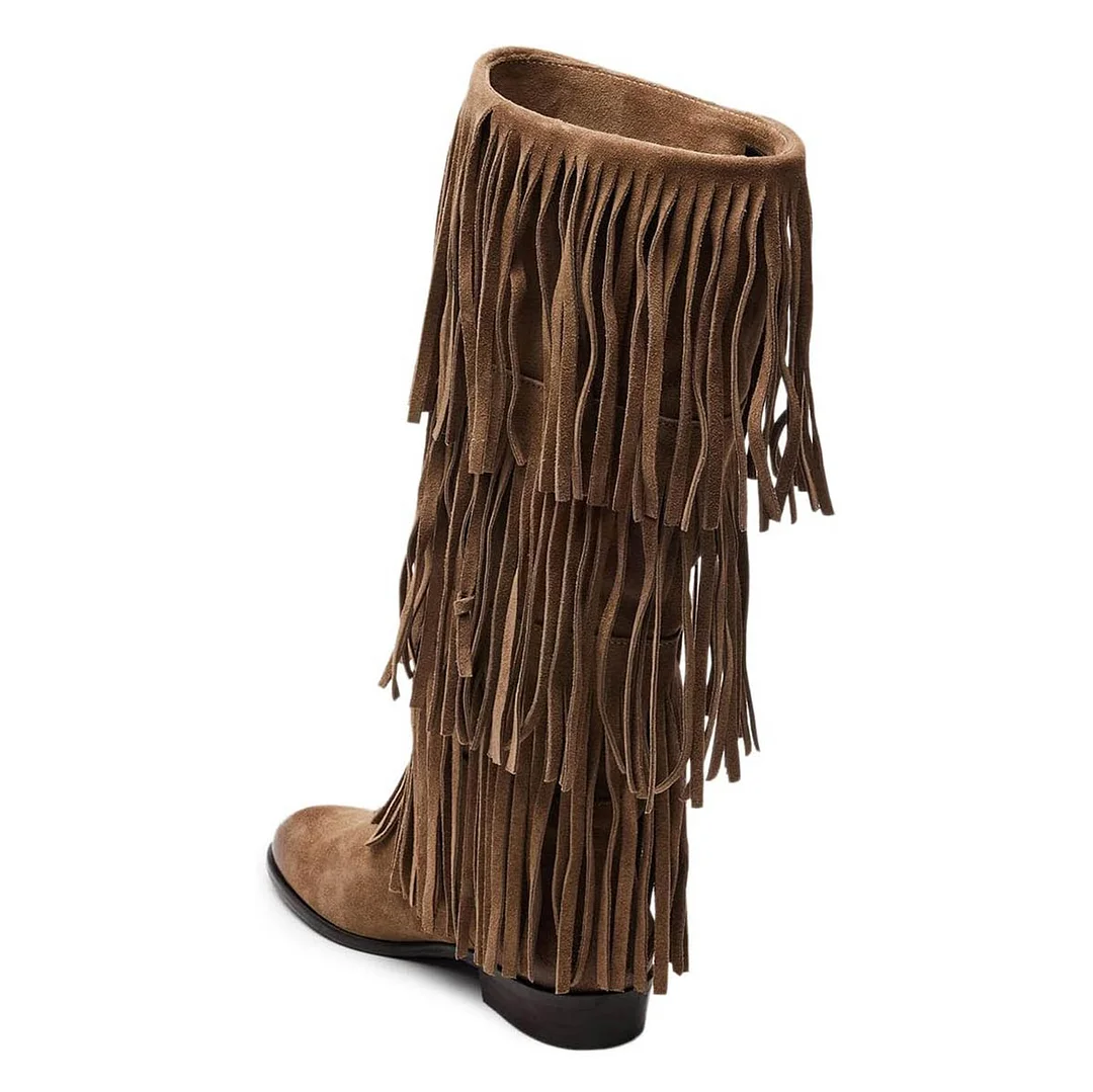 Vegan Suede Closed Toe Fringe Mid-Calf Women's Flat Boots in Khaki