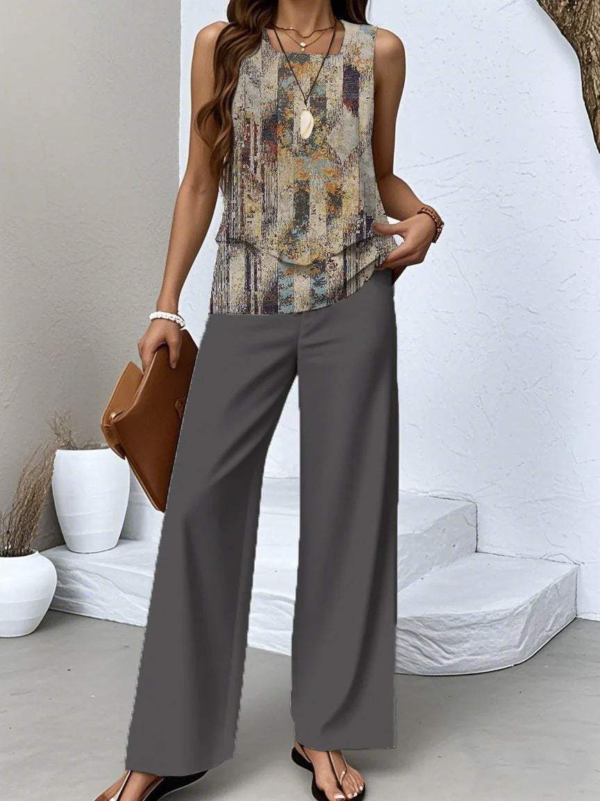 Women's Sleeveless Square Collar Graphic Printed Casual Set