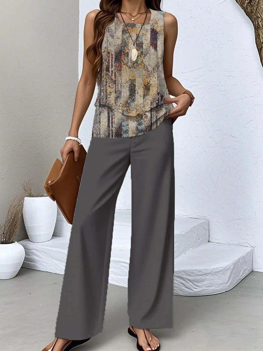 Women's Sleeveless Square Collar Graphic Printed Casual Set