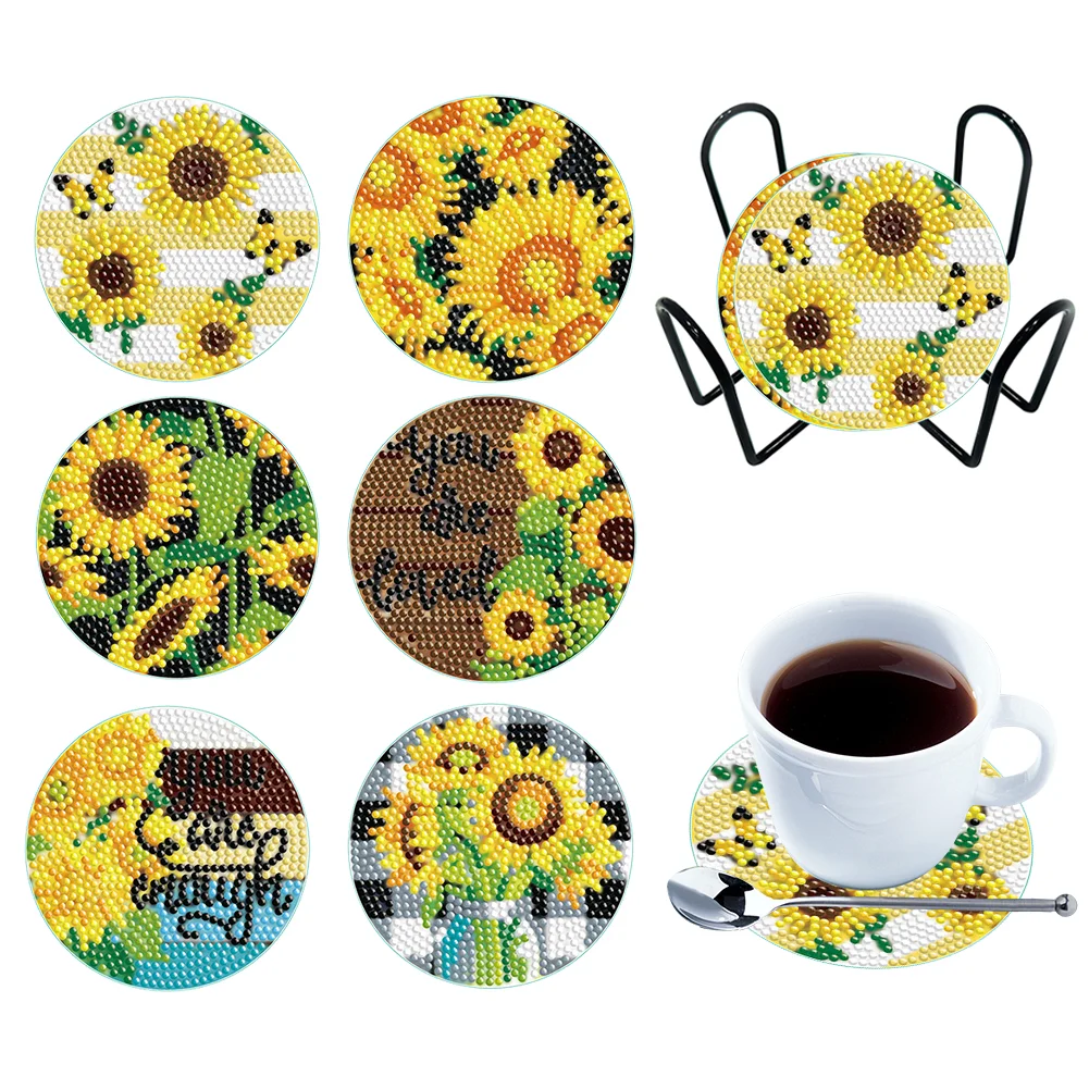 6pcs DIY Sunflower Diamond Crafts Coasters with Holder Wooden DIY Coaster