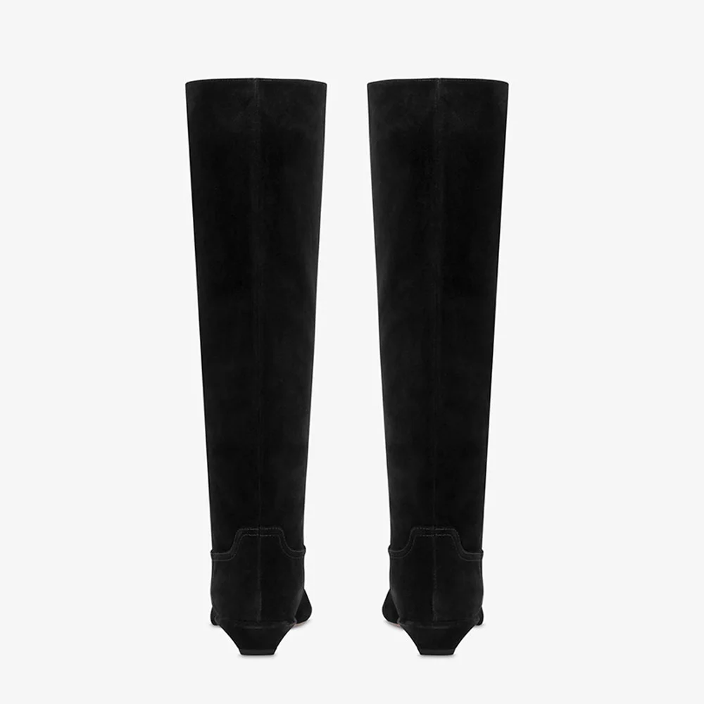 Vegan Suede Pointed Toe Flat Black Knee-High Boots for Women