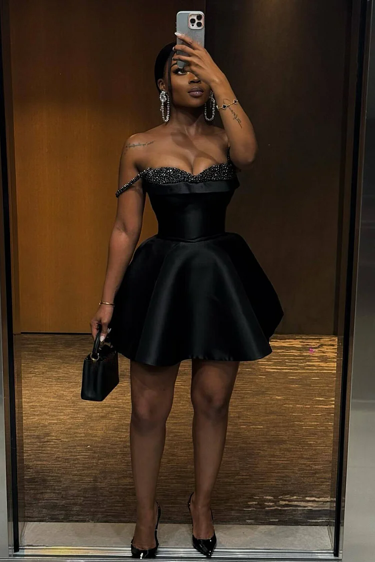 Sequin Patchwork Cinch Waist A-Line Slip Mini Dresses-Black