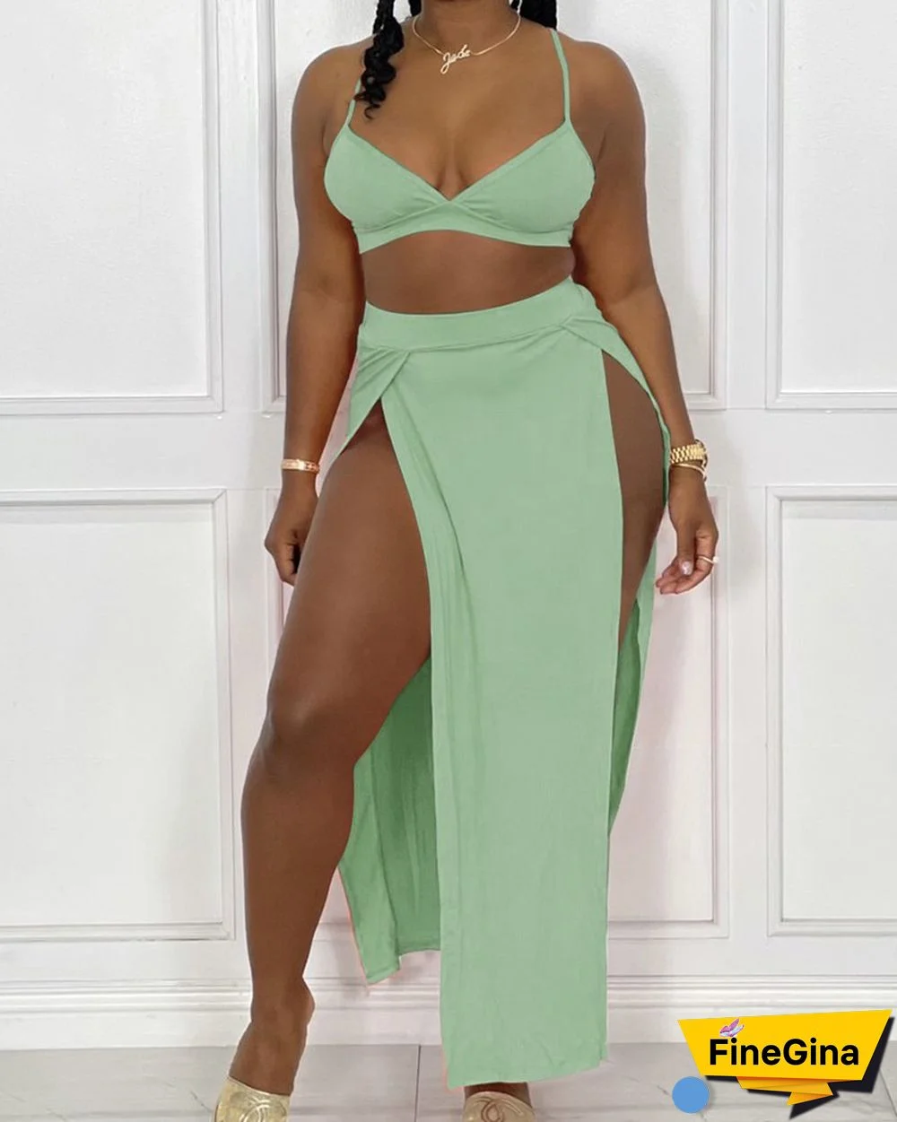 Solid Color Cami Top & Split Thigh Skirt Set